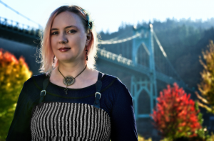 Theresa Pridemore in front of the St. Johns Bridge in Portland, Oregon
