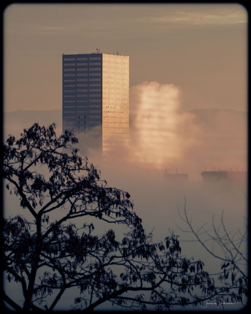 Portland Cityscape by Theresa Pridemore, Reflection Bouncing off Big Pink, onto Fog