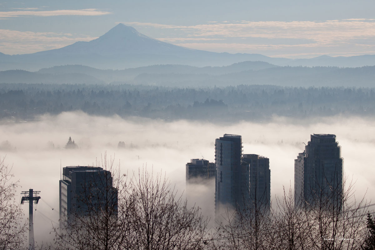 Portland Cityscape by Theresa Pridemore, View from OHSU on Foggy Day